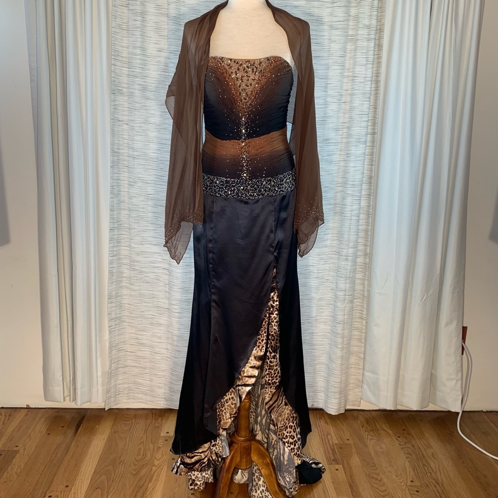 Alyce Designs Black and Brown with Leopard Print Asymmetrical Dress - Picture 2 of 15